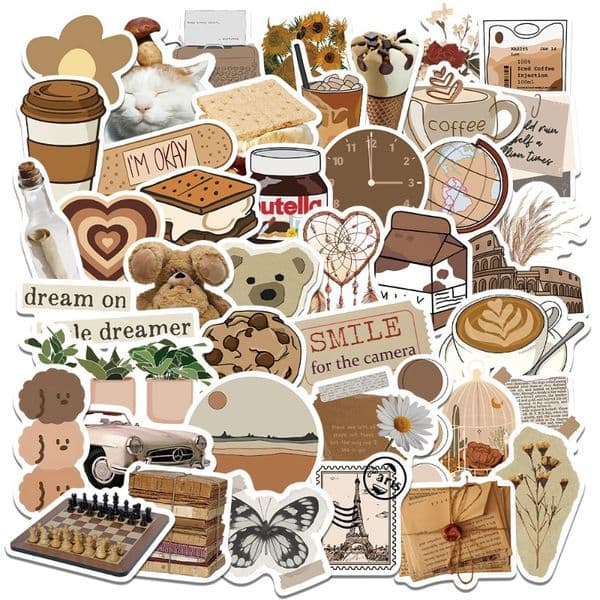 60 brown aesthetic stickers retro ins art graffiti guitar notebook water cup waterproof sticker cute