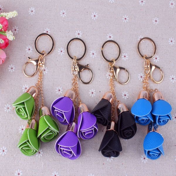 Rose Flower Keychains for Car Keys Key Chains Keyring Holder Fashion Pu Leather Key Ring Bag Hanging Hanger Gift for Lady Girls Women Jewelry Accessories