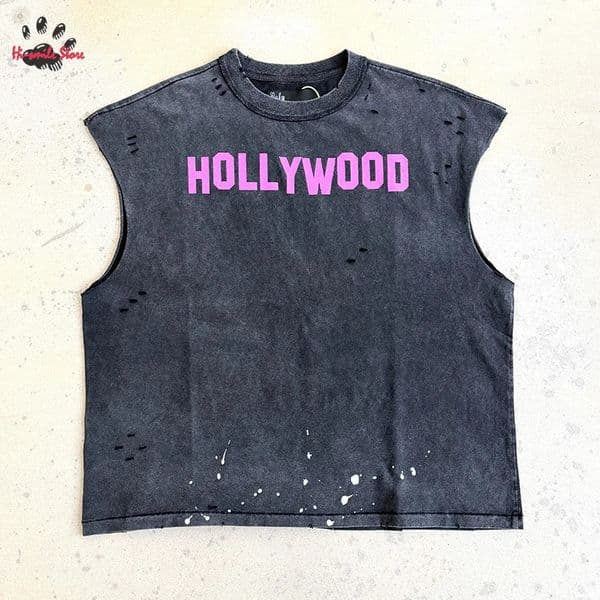 Oversize Washed Sleeveless PALY Tank T-shirt Men Woman High Street Hip Hop Casual Crewneck Vintage Graffiti Damaged Loose Top 260407