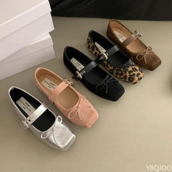 Womens square toe Shoes Bow flats Ladies ballet silver belt buckle footwear Elegant fashion Mary Jane shoes Zapatos 260407