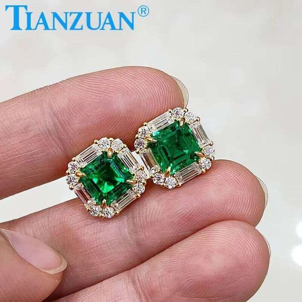 S Sier Yellow Gold Plated 7*7mm Asscher Lab Emerald Moissanite Studs Earring Screw Back Jewelry Wedding