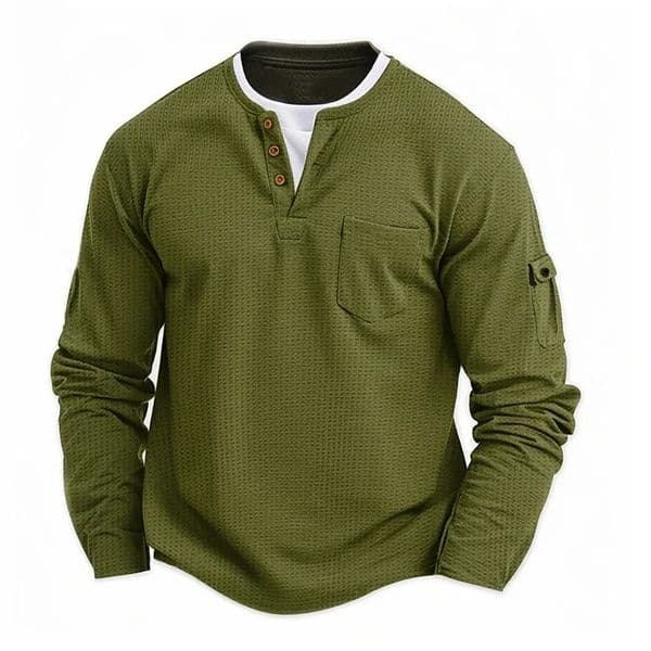 Mens Button Henley neck Shirt Long Sleeve Casual Button Solid color T-Shirt Fashion Waffle Cotton Fake two-piece T-Shirt 260407