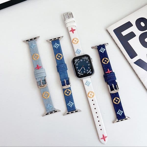 Watch Band Denim Leather Pattern Printed Monogram Embroidery Design Strap For Apple Watch S10 9 SE 8 7 6 5 Replacement Wristband