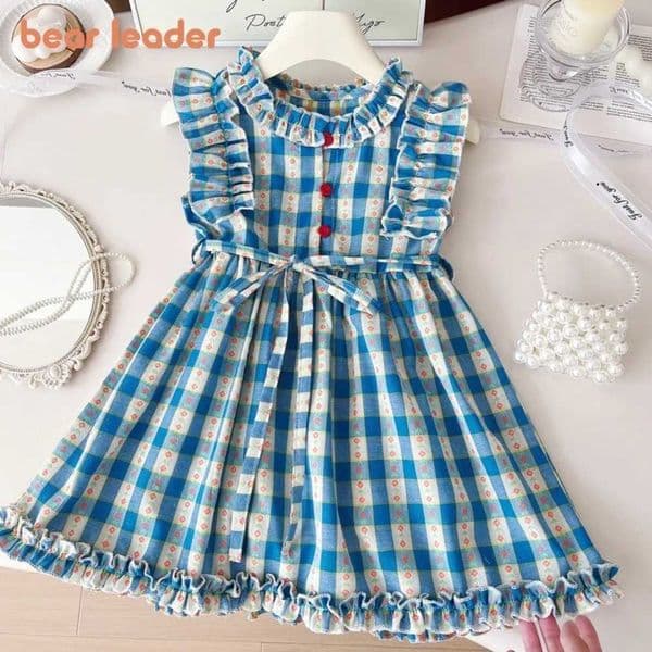 Bear Leader New Girls Flower Print Princess Dresses Wood Ear Edge Plaid Waistband Casual Kids Clothes Fashion Summer Wear L260407