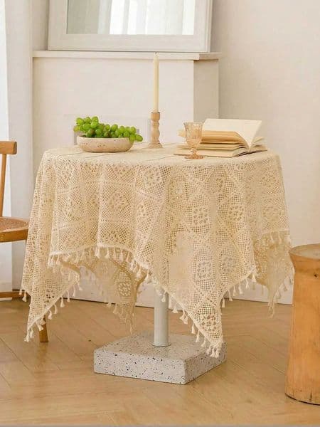 1pc Bohemian Style Hollow Checkered Tablecloth Solid Color Rustic Minimalist Design With Tassels Suitable For Dining TableZ260407