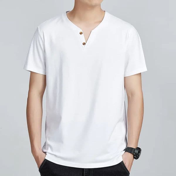 100 Cotton Solid Tshirts Casual Male Short Sleeve V-Collar Button Stretch Soft Clothing T-shirts Simple Breathable Mens Tops 260407