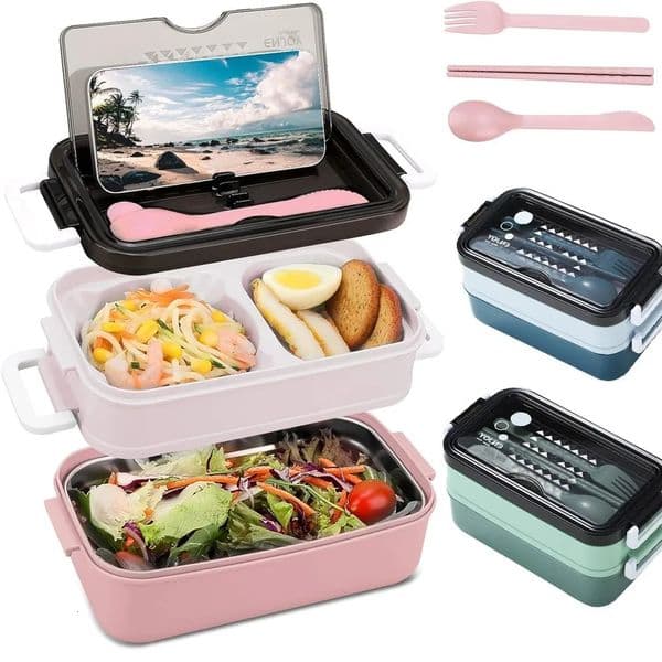 1000ml Double Layer Lunch Box Portable Compartment Lunch Box Microwave Lunch Box with Fork Chopsticks Spoon Does Not Contain BPA 260403