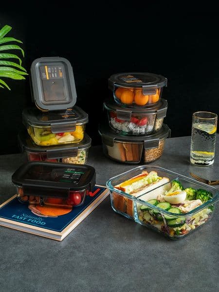 Rectangular Glass Lunch Box Microwave Heating Special Lunch Box Lunch Box with Lid Fresh-keeping Box Round Household Tableware 260403
