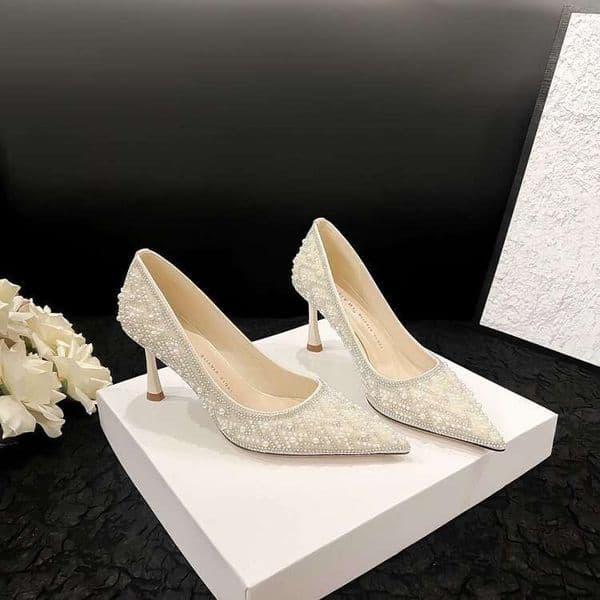Spring Pointed Toe High Heels Single Pearl Ultra Slim Heel Daily Casual Shallow Mouth Women S Shoes