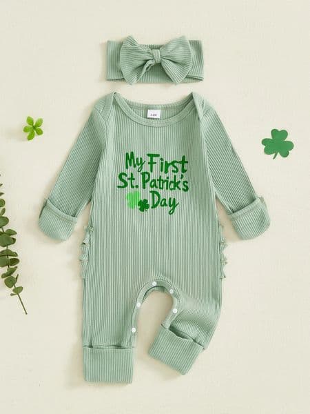 Toddler Girl 2Piece Spring Clothing Set with Long Sleeve Round Neck Shamrock Print Romper and Matching Headband Adorable 260407