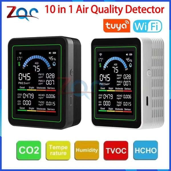 Tuya WiFi 10 in 1 Digital Air Quality HCHO TVOC Humidity and Temperature Monitor CO2 Tester LCD Rechargeable