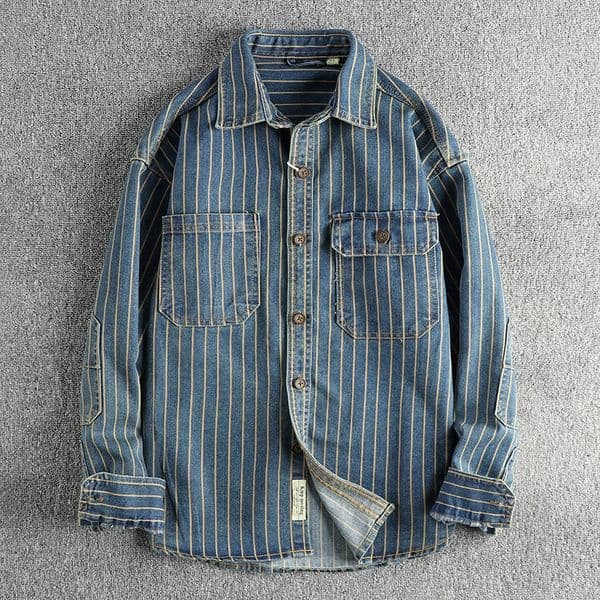 Spring American Retro Heavyweight Denim Cargo Striped Shirt Mens Fashion 100 Cotton Washed Old Casual Blouses Thin Jacket 260403