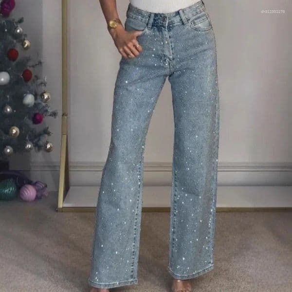 Women's Jeans Deeptown Blue Rhinestone Women Black Vintage Washed Diamonds Wide Leg American Style Denim Trousers Straight Baggy Casual