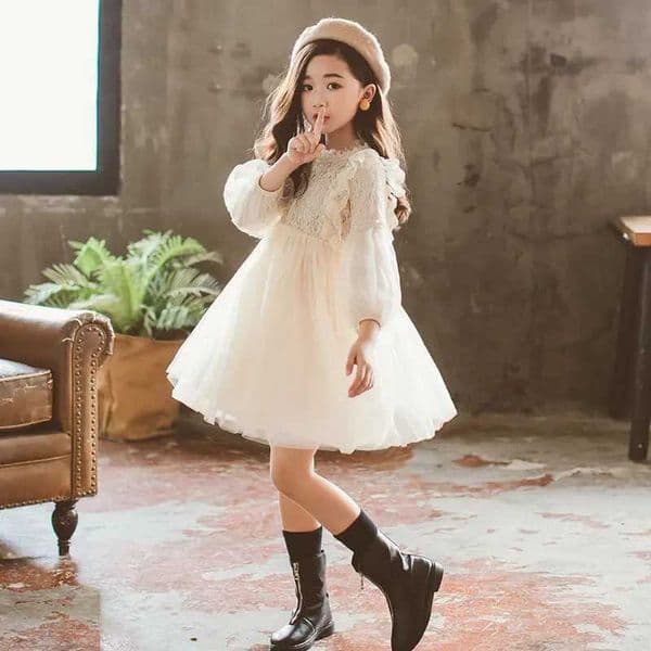 Spring Autumn Kids Girls Dresses Lantern Sleeve Lace Princess Dress Pearl Sweet O-neck Mesh Party Childrens Clothing Vestidos L260406