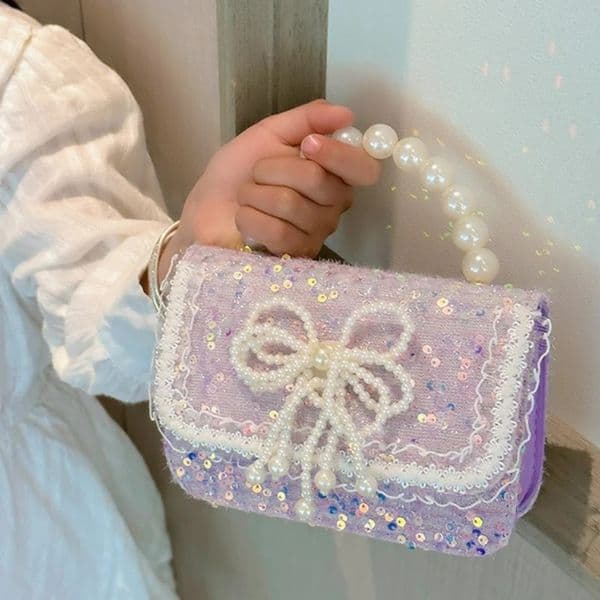 Pearl Beaded Childrens Small Square Shoulder Bag Sweet Bow Sequin Girls Messenger Bags Lovely Princess Handbags Accessories 260407BJ