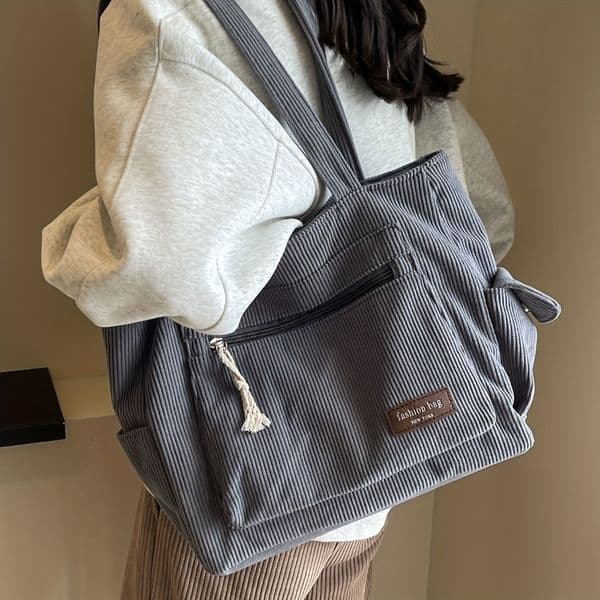Simple Corduroy Tote Bag Solid Color Shoulder Retro Multi Pockets Handbag For School Work Shopping y260317