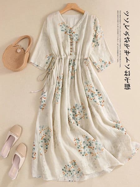 Dress Women Long Print Elegant Clothing Vintage Elastic Waist Korean Casual Beach Style VNeck Fashion Robe Vestidos De Mujer 260407