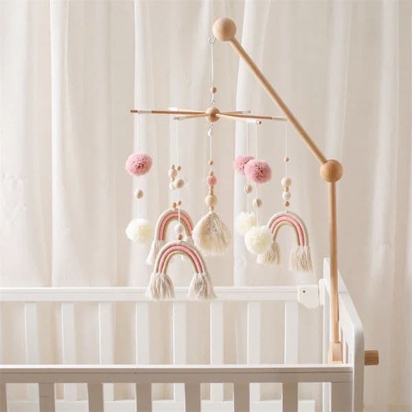 Baby Wooden Boho Rainbow Bed Bell Rattles Toys Hanging Pendant born Mobile Crib Bracket Montessori Birth Gift 260407