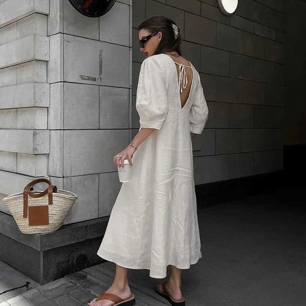 Retro Cotton Linen WomenS Summer Dress Sexy V-Neck Puff Sleeve Long Maxi Birthday Graduation Dresses Beach Sundress Robe Femmes H260406