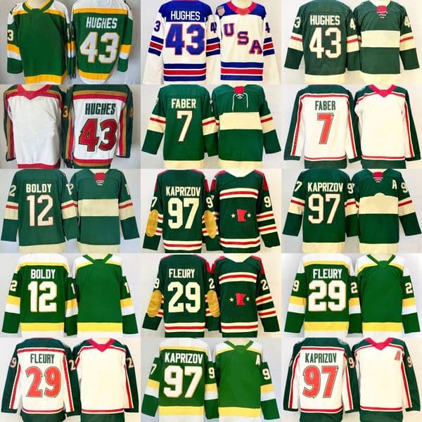 25th New Ice Hockey 43 Quinn Hughes Jersey Embroidery 97 Kirill Kaprizov 29 Marc-Andre Fleury 7 Brock Faber 12 Matt Boldy Jerseys 25th White Green Hockey Wear