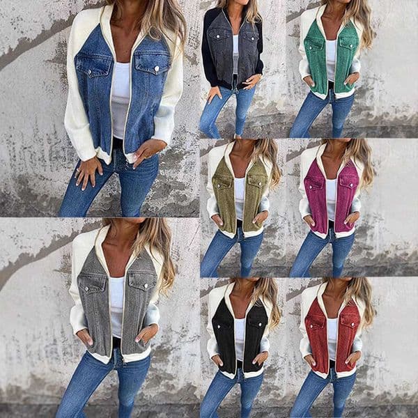 Cross-border European and American Spring, Autumn, Winter New Denim Patchwork Jacket Amazon Casual Fashion Raglan Sleeve Coat Women's Clothing