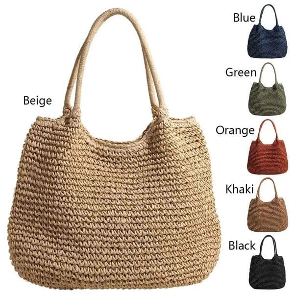 Women Straw Bag Tote Handbag Large Capacity Vintage Shoulder Bag Solid Color Simple Weaving Handbag Ladies Summer Daily Bag 260323