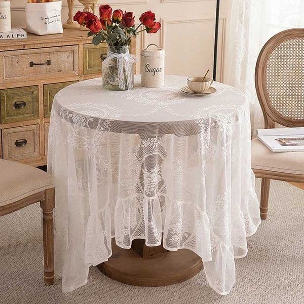 Battilo White Round Lace Tablecloth Floral Embroidered Table Cloth for Dinning Table Rectangular Table Cover for Wedding PartyZ260407