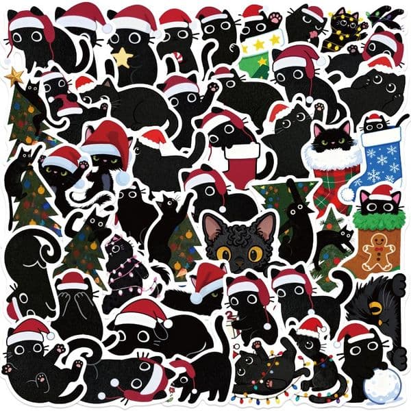 50 Christmas Black Cat Creative Holiday Graffiti Stickers Decoration DIY Handbook Luggage Notes Waterproof Stickers