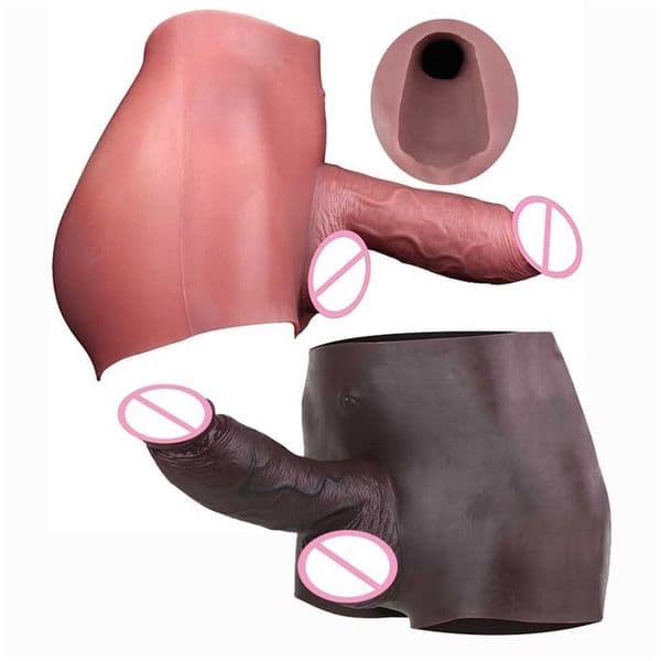 FAAK Male Masturbator Nude Black Realistic Hollow Dildo Silicone Penis Sleeve Briefs Panties Cock Enlargement Sex Toys For Men
