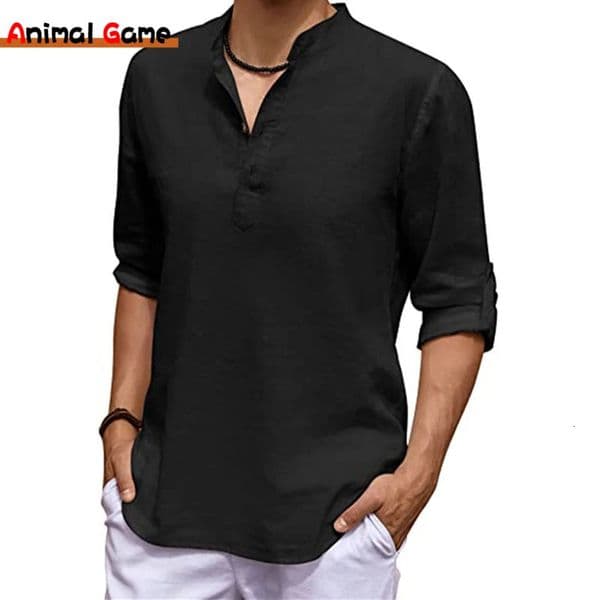 Mens Linen Long Sleeve V-neck T Shirt Solid Color Oversize Casual Shirt Cotton Shirt Plus Size Yoga Button Shirts for Men 260407BJ
