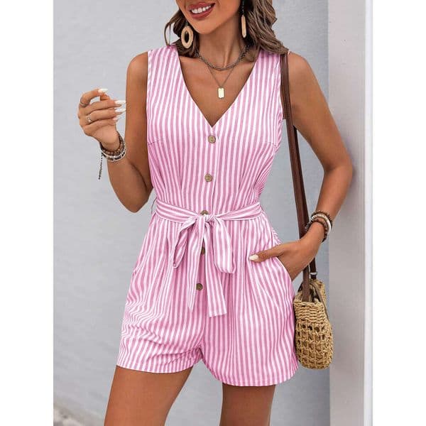 New European and American style simple with a stylish V-neck, sleeveless striped short jumpsuit