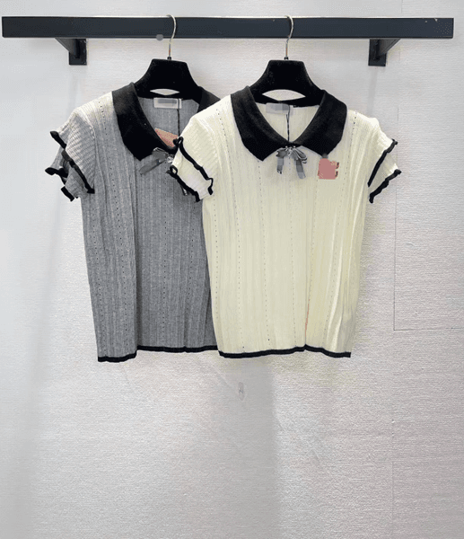 26 women's two-color lapel short sleeved design retro minimalist top 408