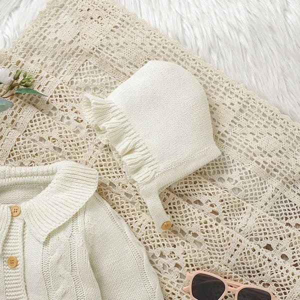w1456 Newborn Baby Romper Knitted Infant Boy Girl Jumpsuit Outfits Long Sleeve Autumn Kid Clothes Hat 2PCS 0-9M Overalls Fashion Solid