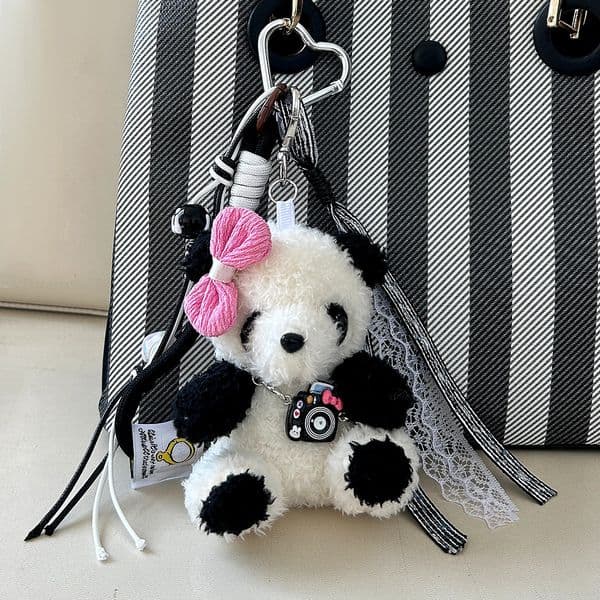 Cute Panda Plush Keychain Pendant Bookbag Accessory Adorable Small Bear Backpack Car Key Decor Holder Jewelry Gift 260407