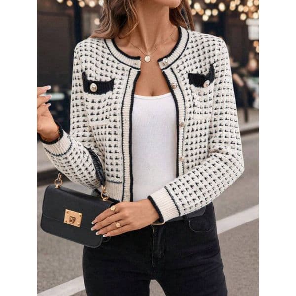 Luxury Brand Designer Clothes European Fashion -Style Jacquard Long-Sleeve Sweater For Women, 2026 Spring New Houndstooth Top