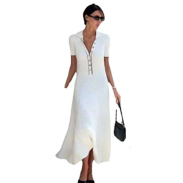 Casual Dresses White Knit Maxi Dress For Women Short Sleeve Patchwork Elegant Party Lapel High Waist Knitwear Women's