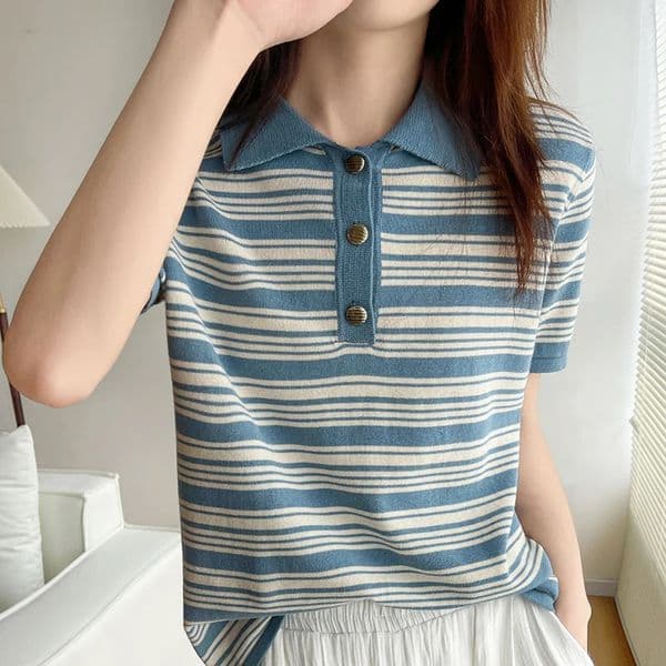 Womens TShirt 100 Cotton Sweater Short Sleeve Striped Knitted Turndown Collar Ladies Tops Loose Blouse Pullover Tees Buttons 260325