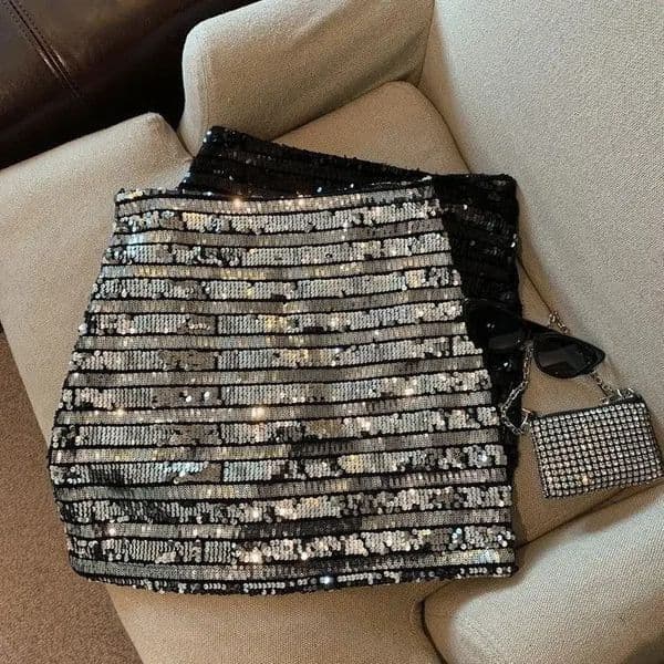 French silver-gray sequined skirt female spring and autumn temperament hip skirt spice girl anti-exposure A-line skirt 260407