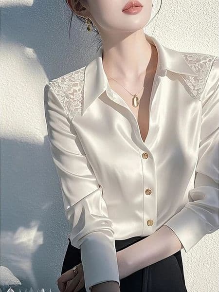 Womens Satin White Shirt And Blouses Casual Long Sleeve Button up Elegant Top Allmatch French Style Solid 260407BJ