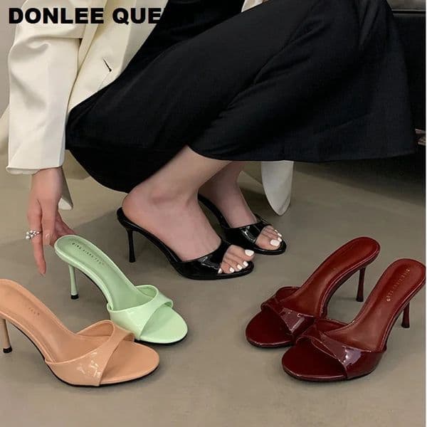 2026 Fashion Sexy Thin High Heels Slides Women Open Toe Pumps Slip Sandal Female Slippers Mule Patent Leather Outdoor Flip Flops260407