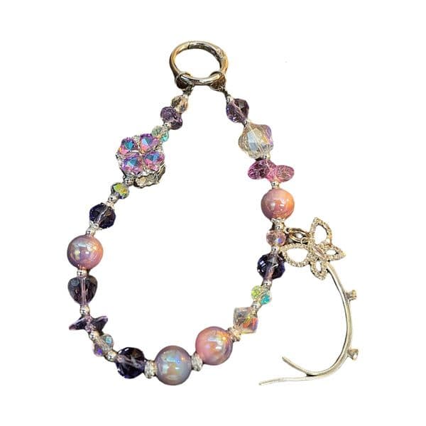 Phone Strap Floral Zircon Rhinestone Butterfly Pendant Crystal Beaded Chain Light Luxury Elegant Boutique Double Chain With Butterfly