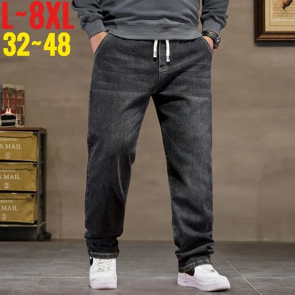 Big Size Jeans Men High Elastic Waist Baggy Denim Pant Male Plus Large Loose Slim Fit Cowboy Trouser 8XL 6XL Classic Black 260330BANJIA