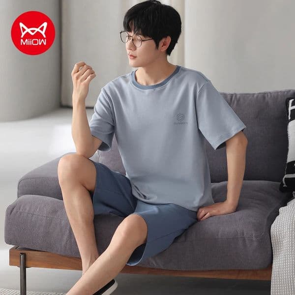 MiiOW 2Pcs Cotton Mens Pajamas Set Summer Breathable Short Sleeve Homewear Big SIze L3XL Man Sleepwear Casual Men 260408