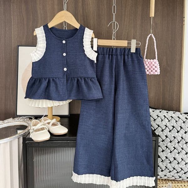Girls' stylish imitation denim casual suit summer new style children's vest wide leg pants children's clothing