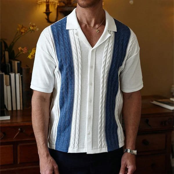 Mens Short Sleeve Summer Knit Lapel Striped Polo Shirt Fashion Light y Knitwear Breathable Top US Size 260403