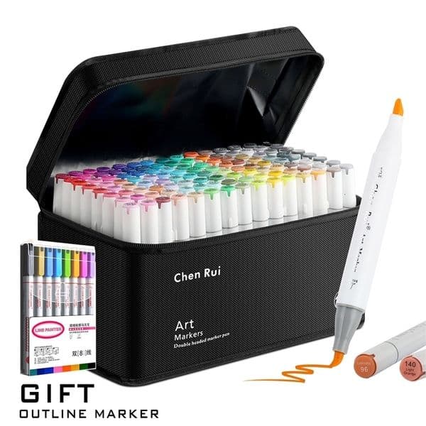 48/60/80/120 Colors Dual Tip BrushChisel Permanent Art Marker Pens with Base Outline Markers Drawing Supplies Kit-Refillable 260407CJ