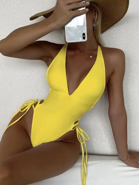 Fashion Solid Deep V Neck One Piece Swimsuit Women Yellow White Hollow Out Pleate Swimwear Beach Bandage Bathing Suit Monokini 260402
