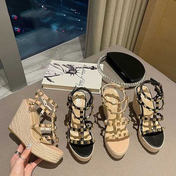 Wedges Women Sandals Open Toe Ankle Buckle Strap Ladies Platform Wedges Sandals High Heels Roman Rattan Grass Woven Shoes T251215