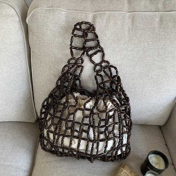 Women Woven Hand Bag Hollow-out Wooden Bead Bag Bucket Shoulder Bag Female Reticulate Netted Beach Handbag Z260408