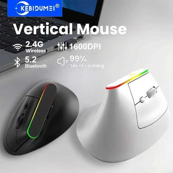 Dual Mode RGB Vertical Mouse 24G Wireless Mouse Bluetooth Mouse Ergonomic Mice Rechargeable Silent Mouse for PC Laptop Desktop S2647